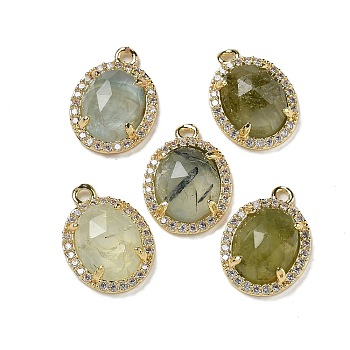 Natural Prehnite Faceted Oval Pendants, Rack Plating Brass Micro Pave Cubic Zirconia Charms, Golden, 15.5x11x4.5mm, Hole: 1.4mm