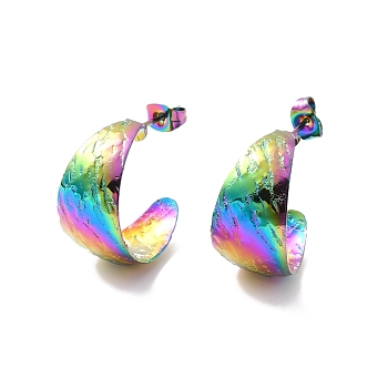 Ion Plating(IP) 304 Stainless Steel Chunky C-shape Stud Earrings, Half Hoop Earrings for Women, Rainbow Color, 22x12x0.5mm, Pin: 0.7mm
