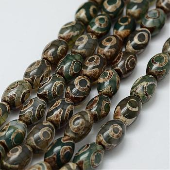 Tibetan Style 3-Eye dZi Beads Strands, Natural Agate Beads, Dyed & Heated, Barrel, Dark Olive Green, 12x8mm, Hole: 2mm, about 30pcs/strand, 13.9 inch(355mm)