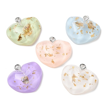 Translucent Resin Pendants, with Gold Foil and Platinum Plated Iron Loops, Mixed Color, Heart, 19.5x21x7mm, Hole: 1.8mm