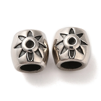 304 Stainless Steel European Beads, Large Hole Beads, Barrel with Flower, Antique Silver, 9x10mm, Hole: 5mm