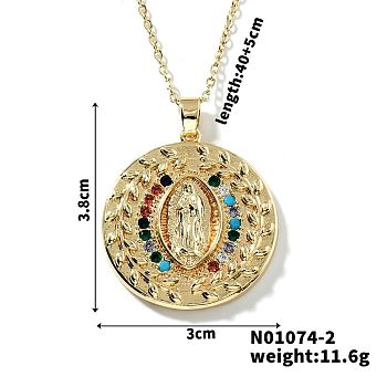 Brass Pave Cubic zirconia Flat Round with Virgin Mary Pendant Necklaces, Golden, Colorful, 15.75 inch(40cm)