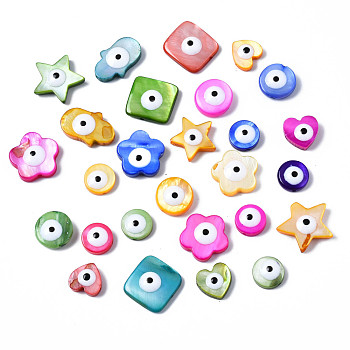 Natural Freshwater Shell Beads, with Enamel, Dyed, Mixed Shape with Evil Eye, Mixed Color, 8~16x8~14x3~5mm, Hole: 0.6~0.8mm