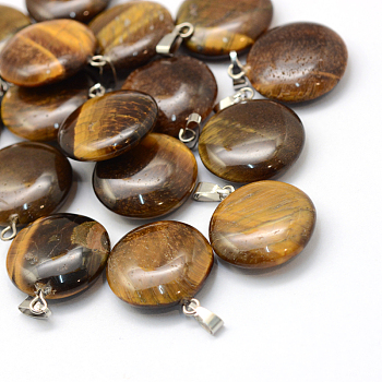 Flat Round Natural Tiger Eye Pendants, with Platinum Tone Brass Findings, 22~25x19~21x5~7mm, Hole: 2x7mm