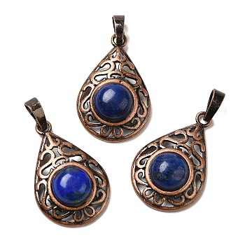 Natural Dyed Lapis Lazuli Pendants, Brass Teardrop Charms, Red Copper, Lead Free & Cadmium Free, 30x19.5x7.5mm, Hole: 5x8mm