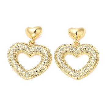 Rack Plating Brass Heart Dangle Stud Earrings with Cubic Zirconia, Lead Free & Cadmium Free, Real 18K Gold Plated, 25mm