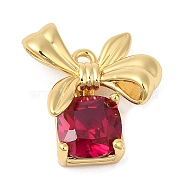 Real 18K Gold Plated Brass Pendants, with Glass, Cadmium Free & Lead Free, Christmas Gift Box with Bowknot Charms, Dark Red, 15x14x4.5mm, Hole: 1.2mm(KK-R150-12G-01)