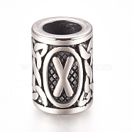 304 Stainless Steel European Beads, Large Hole Beads,  Column with Letter, Antique Silver, Letter.X, 13.5x10mm, Hole: 6mm(OPDL-G010-06AS-02X)