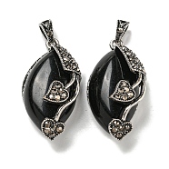 Natural Obsidian Horse Eye Pendants, Rack Plating Alloy Rhinestone Heart Leaf Charms, Antique Silver, Cadmium Free & Lead Free, 31x16x11.5mm, Hole: 5x3mm(G-F766-01AS-06)