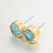 Flat Round Natural Druzy Agate Stud Earrings, with Golden Plated Brass Findings, Turquoise, 10x6~7mm, Pin: 0.8mm(EJEW-L168-03D)