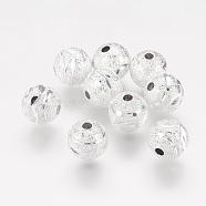 Brass Textured Beads, Round, Silver Color Plated, Size: about 8mm in diameter, hole: 1.5mm(PALLOY-G018-S)