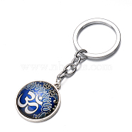 Ohm/Aum Alloy Glass Pendant Keychains, Yoga Theme Keychains, with Alloy Findings, Platinum, 8.5cm(CHAK-PW0001-053P)