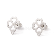 201 Stainless Steel Stud Earring Findings, with 304 Stainless Steel Pins, Horizontal Loops and Ear Nuts, Clover, Stainless Steel Color, 15x12mm, Hole: 1.4mm, Pin: 0.8mm(EJEW-A071-14A-P)