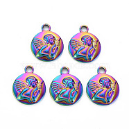 201 Stainless Steel Pendants, Flat Round with Fairy, Rainbow Color, 18.5x15x3.5mm, Hole: 2.5mm(STAS-S119-058)