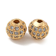 Brass Micro Pave Clear Cubic Zirconia Beads, Round, Real 18K Gold Plated, 7x6mm, Hole: 1.8mm(ZIRC-R113-01B-G)