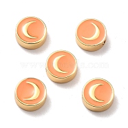 Brass Enamel Beads, Real 18K Gold Plated, Long-Lasting Plated, Cadmium Free & Lead Free, Flat Round with Moon Pattern, Orange, 10x3.5mm, Hole: 1.6mm(KK-D068-01G-01-RS)