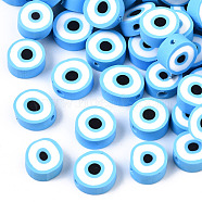 Handmade Polymer Clay Beads, Flat Round with Evil Eye, Deep Sky Blue, 9~10x3.5~4.5mm, Hole: 1.5mm(CLAY-ZX006-07J)