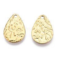 Ion Plating(IP) 304 Stainless Steel Pendants, Textured, Teardrop Charm, Real 18K Gold Plated, 16.5x11x0.8mm, Hole: 1.4mm(STAS-T063-197G)