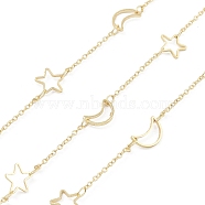 Brass Link Chains, Real 18K Gold Plated, Unwelded, with Spool, Moon and Star, Real 18K Gold Plated, 1.5x1x0.2mm, 10x6x1mm, 8x8x1mm(CHC-M025-04G)