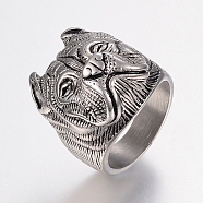 304 Stainless Steel Puppy Finger Rings, Wide Band Rings, Bulldog Head, Antique Silver, 17~22mm(RJEW-G091-12)