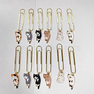 Iron Long Paper Clips, Alloy Enamel Cat Pendant Paper Clip, Mixed Color, 75mm, 6 style, 2pcs/style, 12pcs/set(AJEW-AB00028)