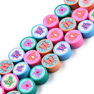 Handmade Polymer Clay Beads Strands, Flat Round with Butterfly, Colorful, 9~9.5x4.5~5mm, Hole: 1.5~1.8mm, about 40pcs/strand, 14.37 inch(36.5cm)(CLAY-N010-079A)
