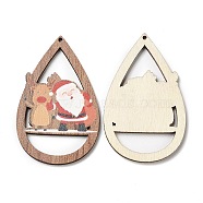 Single Face Christmas Printed Wood Big Pendants, Teardrop Charms with Santa Claus, Camel, 54.5x34x2.5mm, Hole: 1.6mm(WOOD-D025-29)