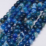 Natural Stripe Agate Beads Strands, Faceted, Dyed, Round, Marine Blue, 8mm, Hole: 1mm, about 48pcs/strand, 15 inch(G-G581-8mm-05)