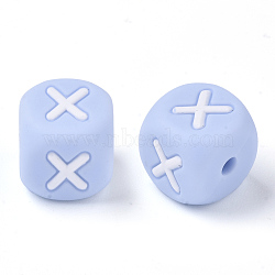 Food Grade Eco-Friendly Silicone Beads, Horizontal Hole, Chewing Beads For Teethers, DIY Nursing Necklaces Making, Letter Style, Cube, Light Sky Blue, Letter.X, 10x10x10mm, Hole: 2mm(SIL-R011-10mm-02X)