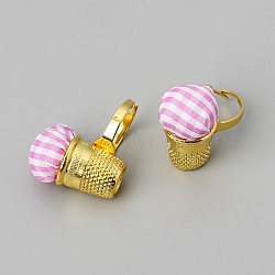 Iron Needle Cushion Rings, Tartan Pattern Finger Pin Cushion with Thimble, Sewing Tools, Golden, 30mm(PW-WG70836-02)