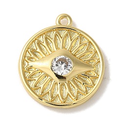 Rack Plating Brass Micro Pave Cubic Zirconia Pendants, Cadmium Free & Lead Free, Long-Lasting Plated, Flat Round with Eye, Real 18K Gold Plated, 17x14.5x2.5mm, Hole: 1.2mm(KK-A229-17G)