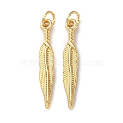 Brass Pendants, Long-Lasting Plated, Lead Free & Cadmium Free, with Jump Ring, Feather Charm, Real 18K Gold Plated, 28~28.5x4.5x2mm(KK-K346-26G)