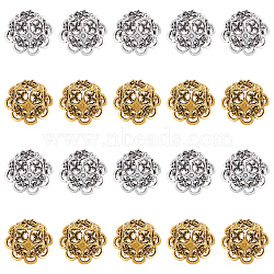 WADORN 40Pcs 2 Colors Tibetan Style Zinc Alloy Bead Cap, Multi-Petal, Flower, Antique Silver & Antique Golden, 24.5~25x16mm, Hole: 2x5mm, 20pcs/color(FIND-WR0003-77)