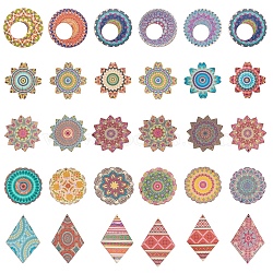 Printed Wooden Big Pendants, Flower & Flat Round & Rhombus, Mixed Color, 5shapes/set, 30pcs/set(WOOD-SC0001-01)