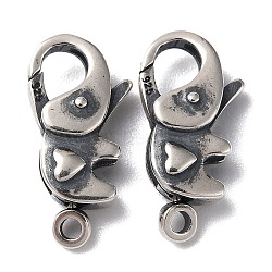 925 Thailand Sterling Silver Lobster Claw Clasps, Elephant with Heart, with 925 Stamp, Antique Silver, 20x10x5mm, Hole: 1.8mm(STER-D003-59B-AS)