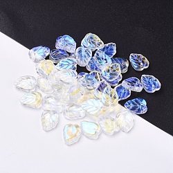 Electroplated Transpaprent Glass Pendants, Leaf Charm, AB Color, Blue, 13.5x10.5x3.5mm, Hole: 1.2mm(GLAA-H016-15S)