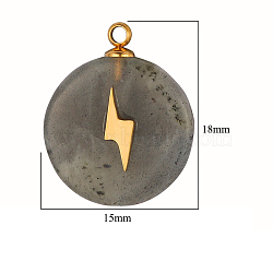 Natural Labradorite Pendants, Flat Round Charms, with Golden Tone Stainless Steel Lightning Slice, 18~19x15x3.7~4.1mm(FIND-PW0015-02B-02)