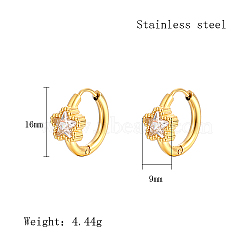 Cubic Zirconia Hoop Earrings, Real 18K Gold Plated 304 Stainless Steel Earrings, Star, 16x9mm(VX9431-04)