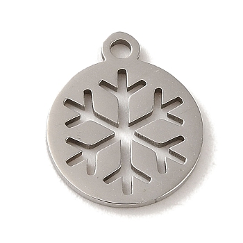 Christmas 201 Stainless Steel Charms, Laser Cut, Flat Round with Snowflake Charm, Stainless Steel Color, 14x12x1mm, Hole: 1.5mm