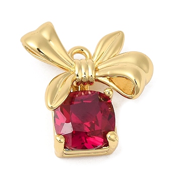 Real 18K Gold Plated Brass Pendants, with Glass, Cadmium Free & Lead Free, Christmas Gift Box with Bowknot Charms, Dark Red, 15x14x4.5mm, Hole: 1.2mm