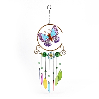 Glass Wind Chime, Art Pendant Decoration, with Iron Findings, for Garden, Window Decoration, Butterfly, 560x20mm