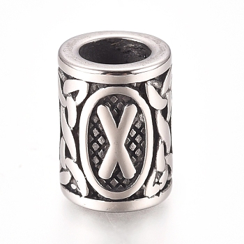 304 Stainless Steel European Beads, Large Hole Beads,  Column with Letter, Antique Silver, Letter.X, 13.5x10mm, Hole: 6mm