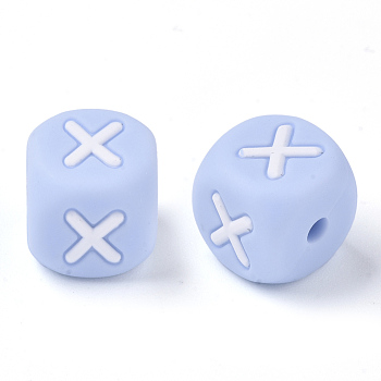 Food Grade Eco-Friendly Silicone Beads, Horizontal Hole, Chewing Beads For Teethers, DIY Nursing Necklaces Making, Letter Style, Cube, Light Sky Blue, Letter.X, 10x10x10mm, Hole: 2mm