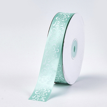 Single Face Satin Ribbon, Polyester Ribbon, Flower Pattern, Turquoise, 1 inch(25mm), about 50yards/roll(45.72m/roll)