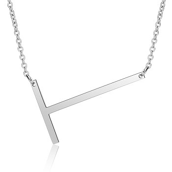 201 Stainless Steel Initial Pendants Necklaces, with Cable Chains, Letter, Letter.T, 17.3~18.3 inch(44~46.5cm)x1.5mm, LetterT: 37.5x21.5x1mm