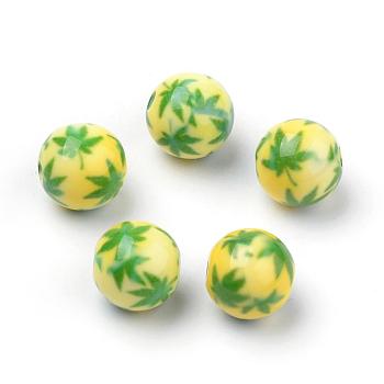 Opaque Printed Acrylic Beads, Round with Pot Leaf/Hemp Leaf Pattern, Yellow Green, 11.5~12x11mm, Hole: 2.5mm