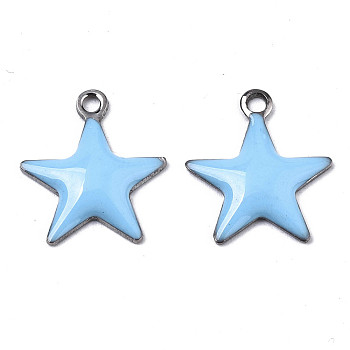 201 Stainless Steel Enamel Charms, Star, Stainless Steel Color, Light Sky Blue, 14.5x12.5x2mm, Hole: 1.5mm