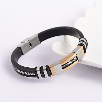 Trendy Unisex Black Color PU Leather Cord Bracelets, with 304 Stainless Steel Slider Charms and Watch Band Clasps, Golden & Stainless Steel Color, 215x9~12mm