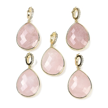 Natural Rose Quartz Faceted Teardrop Pendants, Rack Plating Brass Micro Pave Clear Cubic Zirconia Charms, Golden, 27x20x6.5mm, Hole: 6.5x4.5mm