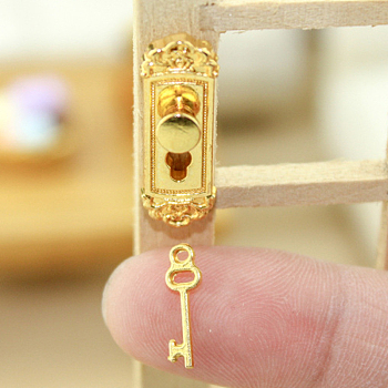 Miniature Alloy Door Lock & Key, for Dollhouse Accessories Pretending Prop Decorations, Golden, 13.5~23.8x4.3~8.5mm, 2pcs/set